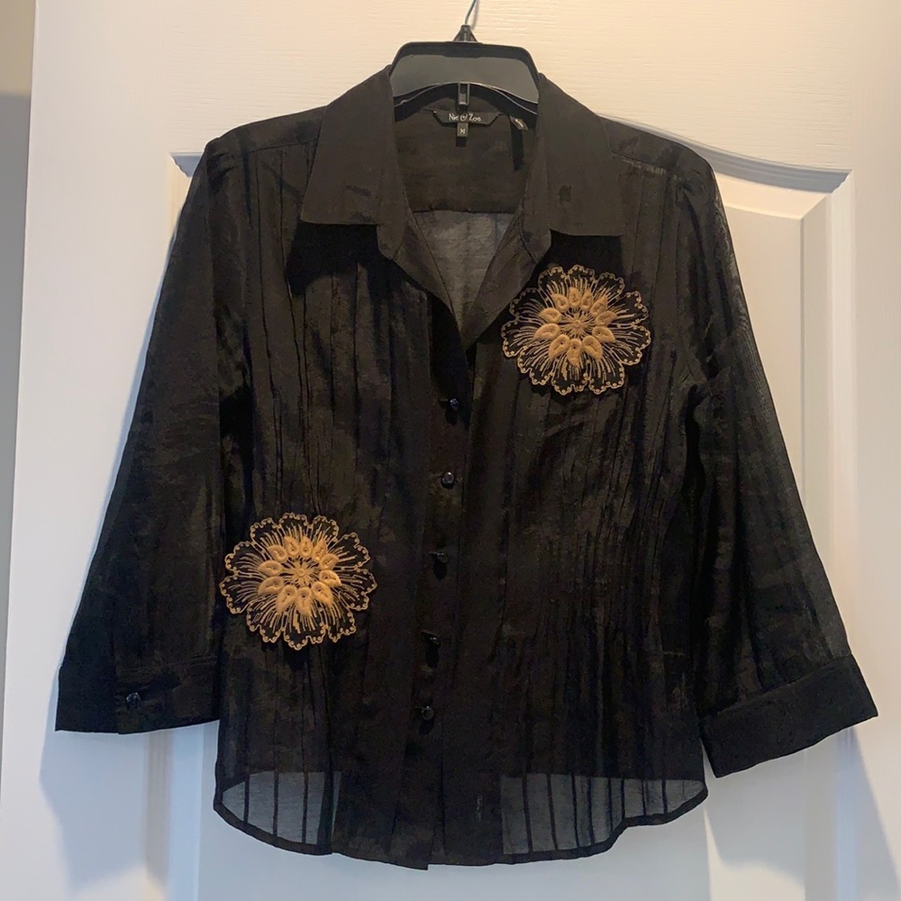 Black Organza Embroidered Flower Button Up Shirt